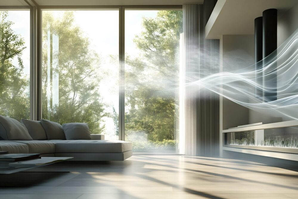 Modern air conditioning system blowing fresh, clean air into a bright living room with large windows overlooking a green garden, ensuring a comfortable and healthy indoor environment